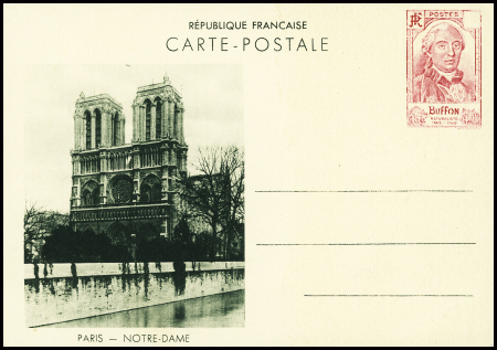 Carte postale non émise Buffon rose avec vue de Notre-Dame en vert foncé (COM H1). TB