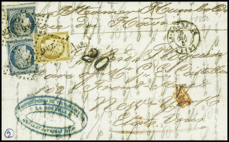 N°4, 2 pièces (touchées) + n°1 obl PC 2706 + T15 La Rochelle (1852) sur lettre pour New-York aff à 60c. TB