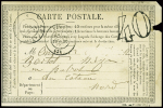 Carte postale précurseur avec T17 " Vervins (2)" (1877) + taxe 40 double trait, défaut d'archivage à droite sinon TB