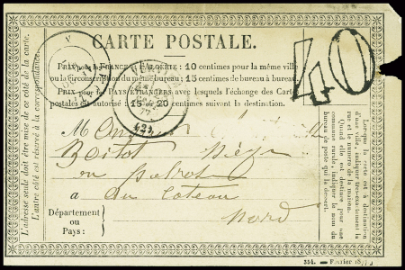 Carte postale précurseur avec T17 " Vervins (2)" (1877) + taxe 40 double trait, défaut d'archivage à droite sinon TB
