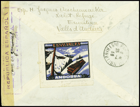 N°37 + 38 + 40 en blocs de 4 + 34 + 40A obl CAD rect "Andorra la Vieja" (1938) sur lettre recommandée pour Paris avec cachet rect violet "Republica espanola censura Seo de Urgel avec au verso vignette touristique polychr