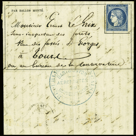 N°37, non obl sur Gazette des Absents n°10 du 23 nov 1870 adressée à un fonctionnaire à Tours avec au verso cachet bleu "Dartois et Yon aéronautes du gouvernement". Pli confié du ballon monté "La Ville d'Orléans". RR. TB