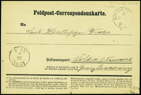Feldpost-Correspondenzkarte avec  cad "K.PR Feldpost 6 inf-div" (10.9.1870) datée de Roncourt (Moselle). TB