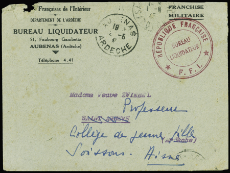 Lettre en franchise à en-tête "Forces françaises de l'intérieur département de l'Ardèche - Bureau liquidateur Aubenas" et cachet rouge "République française - bureau liquidateur - FFI". TB