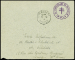Ariège : lettre en franchise avec CAD tireté "Riverenert Ariège" (30.10.44) + cachet violet à Croix de Lorraine "Le commandant de bataillon "FFI". TB