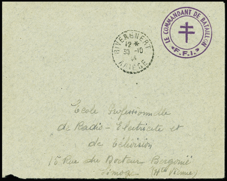 Ariège : lettre en franchise avec CAD tireté "Riverenert Ariège" (30.10.44) + cachet violet à Croix de Lorraine "Le commandant de bataillon "FFI". TB