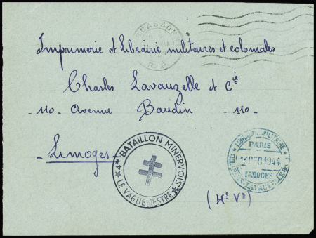Aude - lettre en franchise avec obl mec de Carcassonne (1944) + cachet violet avec Croix de Lorraine "4e bataillon minervois le vaguemestre" + griffe 5 lignes au verso. TB