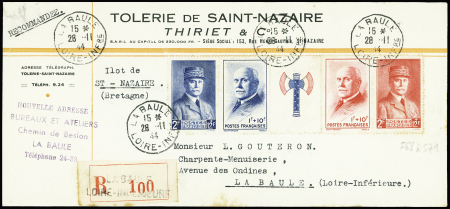 N°568 à 571, bande Pétain, obl La Baule (28.11.1944) sur lettre recommandée, rare utilisation dans la poche de Saint Nazaire. TB