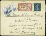 N°121 + 140 obl 29.8.1920 sur lettre avec vignette Guynemer. Inauguration de la ligne Paris - Strasbourg (Muller n°63). RR et TB