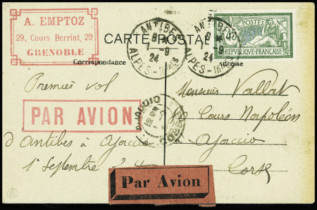N°143 obl Antibes (1.9.24) sur carte postale : ouverture de la ligne Antibes-Ajaccio par Air-Union (Muller n°110). 68 plis existants. TB
