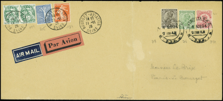 5/11 nov 1926 vol retour Calcutta-Paris  par Costes et Rignot (vol retour du raid Paris-Djask) lettre avec double AFF Inde Anglaise n°76+78+81A obl 4;1.26 + France n°111 en paire + 194 + 205 obl Bourget Aviation 11.11.19