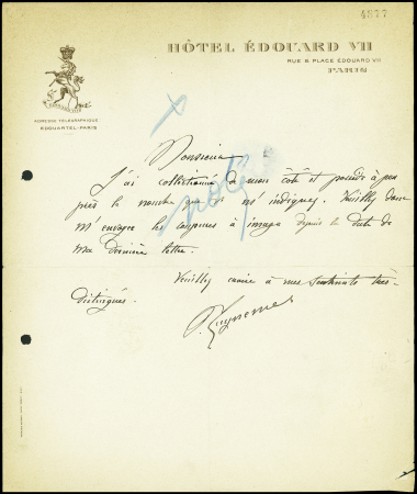 Correspondance à en-tête "Hotel Edouard VII Paris" avec signature autographe de Georges Guynemer (il demande les articles de presse le concernant). TB