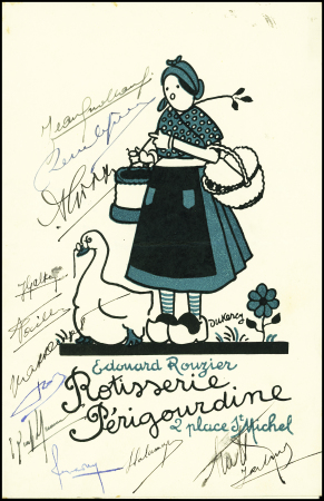 Menu de la rotisserie périgourdine avec signature de Jean Assollant et Arùand Lotti après leur traversée de l'Atlantique Old Orchard - Comillas (Paris) (1929). TB