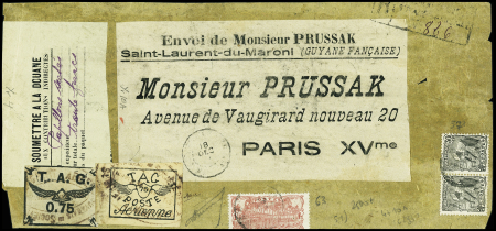 POSTE AERIENNE N°4A + PA10 obl sur étiquette de colis avec Guyane n°63 (def) + 57 en paire + étiquette verte de douane. TB