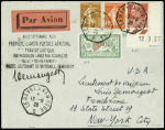 N°194 + 235 + 243 + 207 obl CAD octogonal "Le Havre à New York D" (13.8.28) sur lettre catapultée de l'Ile de France de 6 lignes et signature du pilote Demougeot (traversée 1A). Jolie pièce