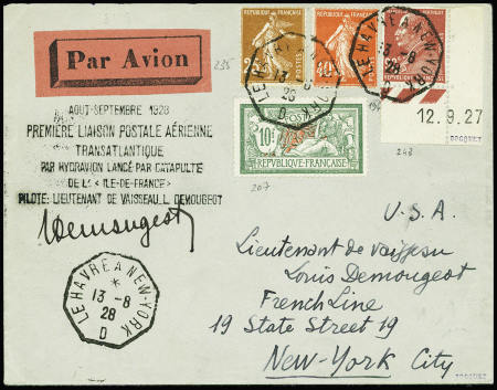N°194 + 235 + 243 + 207 obl CAD octogonal "Le Havre à New York D" (13.8.28) sur lettre catapultée de l'Ile de France de 6 lignes et signature du pilote Demougeot (traversée 1A). Jolie pièce