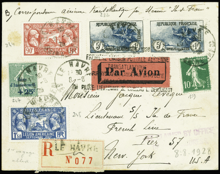 N°244 + 247 + 245 + 159 + 232 en paire obl Le Havre (8.8.28) sur lettre recommandée de l'Ile de France) pour new York avec griffe 6 lignes au recto et au verso (traversée 1A du 13.8.28). TB