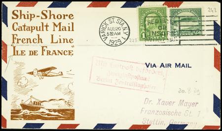 USA n°228 + 243 obl Varick NY (20.8.29) sur env avec illustration bistre "Ship Shore Catapult Mail French Line Ile de France" (traversée 3A) adressée à Berlin. TB