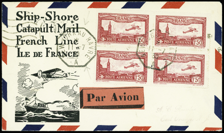 PA n°5, 2 blocs de 4 dont 1 au verso de la lettre, obl octo "New York au Havre A" (11.7.30) sur env illustrée en noir "Ship to shore Catapult Mail Ile de France" (traversée 8R, pilote Domergue) les plis de 1930, dernière