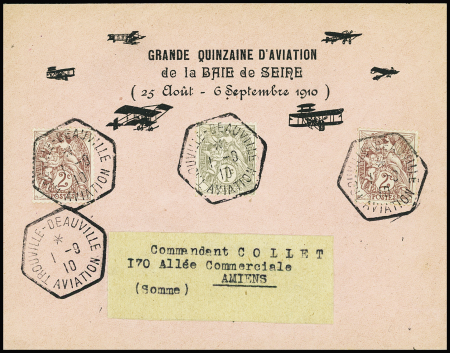 N°107 + 108, 2 pièces, obl hex "Trouville Deauville aviation" (1.9.1910) sur lettre à en-tête "Grande quinzaine d'aviation de la baie de Seine (25 aout - 6 septembre 1910). TB