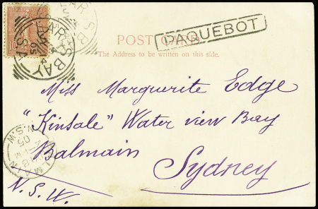 Semeuse lignée : n°129 obl CAD carré "Largs Bay" (1905) + griffe encadrée "Paquebot" apposée à l'escale d'Adélaïde (Australie) pour Sydney (Salles n°2232) sur carte postale. Rare et TB