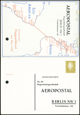 Très rare entier carte postale 2 volets : de l'agence de la Cie Générale Aéropostale de Berlin TSC avec Allemagne n°401 et sur le volet gauche carte géographique de la ligne France Amérique du Sud (perforation d'archive)