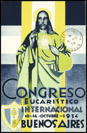 Carte postale à tarif réduit "Congreso Eucaristico internacional Buenos Aires 10 - 14 octobre 1934 AFF Argentine n°350 en paire + 360 (brochure CAF n°13). TB