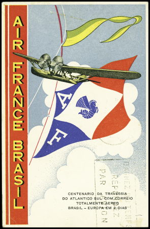 CP "Air France Brasil" avec légende erronnée "Centenario da travessia do Atlantico" au lieu de "Centisima" obl 26.7.36 (CAF n°21). TB