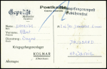 Rare carte postale de prisonnier au camp provisoire de Colmar (8.9.1940) avec griffe noire "Kriegsgefangenenpost gebuhrenfrei". RR et TB