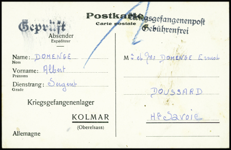 Rare carte postale de prisonnier au camp provisoire de Colmar (8.9.1940) avec griffe noire "Kriegsgefangenenpost gebuhrenfrei". RR et TB
