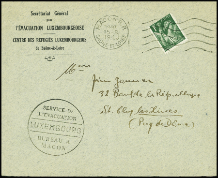 N°432 obl Macon RP (15.8.40) sur lettre à en-tête "Secrétariat général pour l'évacuation luxembourgeoise centre des réfugiés luxembourgeois de Saone & Loire" et cachet noir "Service de l'évacuation Luxembourg bureau à Ma