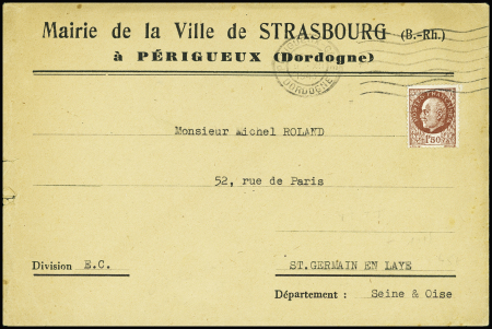 N°517 obl mec Périgueux gare Dordogne (1943) sur lettre à en-tête "Mairie de la Ville de Strasbourg (B-Rh) à Périgueux (Dordogne). TB