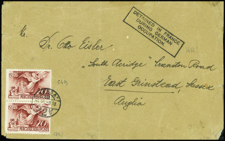 Hongrie obl Karsa (8.6.40) sur lettre pour la Grande Bretagne avec griffe encadrée noire "Detained in France during german occupation". Rare et TB