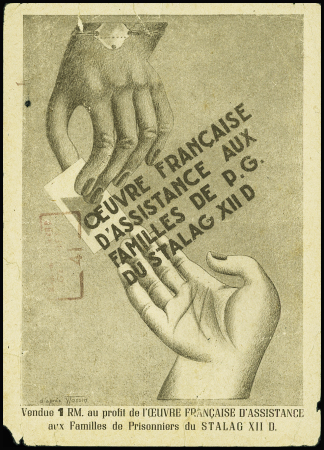 Entier carte postale illustrée (2 mains tenant un billet de l'OFLAG XIID - 1RM (GUE K14) quelques défauts mais pièce rare