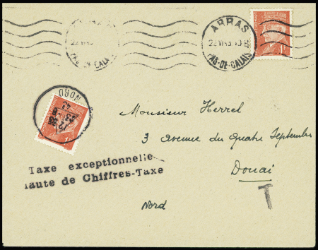 N°514 obl Arras (22.6.43) sur lettre avec n°514 utilisé comme timbre taxe de fortune obl Douai avec griffe noire "taxe exceptionnelle faute de chiffres-taxe". Rare et TB