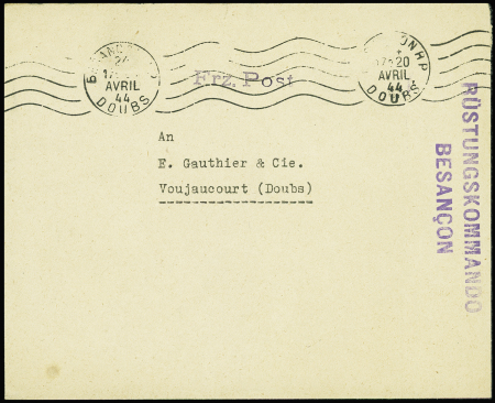 Lettre en franchise avec obl mec de besancon RP (1944) + griffes violettes "Frz. Post" et "Rustungskommando Besancon". TB