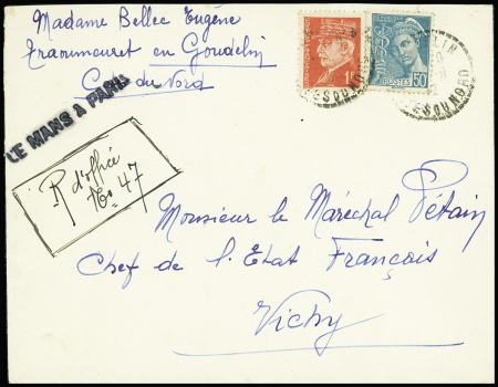N°514 obl Goudelin Cotes du Nord (1942) sur lettre recommandée d'office pour le maréchal Pétain avec griffe "Le Mans à Paris" (les recommandations d'office d'ambulant sont RR). TB