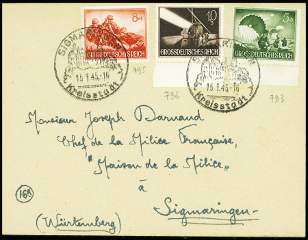 Allemagne n°793 + 795 + 796 obl CAD illustré "Sigmaringen Kreisstadt" (15.1.45) sur lettre adressée à Joseph Darnand, chef de la Milice Française, maison de la Milice à Sigmaringen. RR et TB