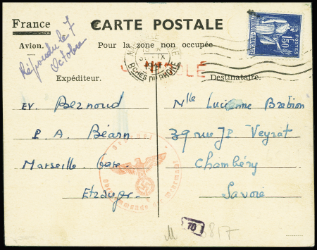 Rare carte interzones locale sur carton rose "Carte postale pour la zone non occupée - France - avion" obl Marseille gare (1941) provenance porte-avions Béarn bloqué aux Antilles. Rare et TB