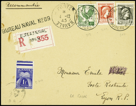 Algérie n°211 + 217 + 219 obl CAD "Poste navale bureau n°69" (4.12.45 - Le Caire) sur lettre recommandée en poste restante. RR et TB