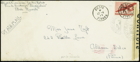 Poste aérienne militaire n°30 de Marseille : 6c rouge USA avec surcharge "RF" encadrée obl CAD "poste navale" (17.7.45) sur lettre censurée pour les USA. TB