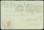 Lettre en franchise de l'escadrille 556 avec mention manuscrite au crayon bleu "Voie aérienne ligne Rabat Toulouse" + obl mec "Toulouse-gare Hte Garonne" (19.10.1919) avec au verso Maroc n°41 + n°68, bloc de 6 + paire ob