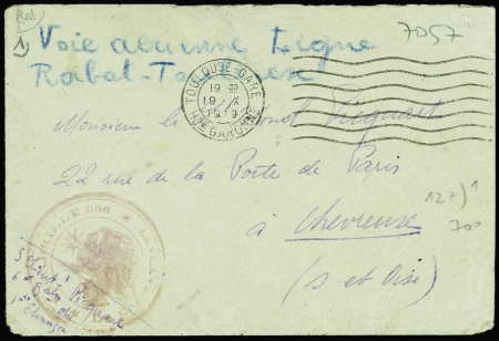 Lettre en franchise de l'escadrille 556 avec mention manuscrite au crayon bleu "Voie aérienne ligne Rabat Toulouse" + obl mec "Toulouse-gare Hte Garonne" (19.10.1919) avec au verso Maroc n°41 + n°68, bloc de 6 + paire ob