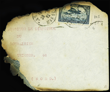 26.7.1922 accident à Guadix (Espagne) du Bréguet 14 Rabat - Toulouse piloté par Méchin le 26.7.1922 : env brûlée AFF Maroc PA n°5 + env PTT n°819 de réexpédition avec mention manuscrite "Incendie d'avion" (Nierinck n°220