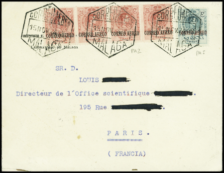Espagne PA2, bande de 4 + PA5 obl CAD hex "Correo aero Malaga (15 nov 24) sur lettre pour paris avec arrivée 17 nov. TB