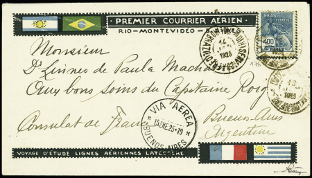 Brésil n°176 obl Rio de Janeiro (14 janv 1925) sur env illustrée Voyage d'étude lignes aériennes Buenos Aires 15.1.1925 (Muller n°4). TB