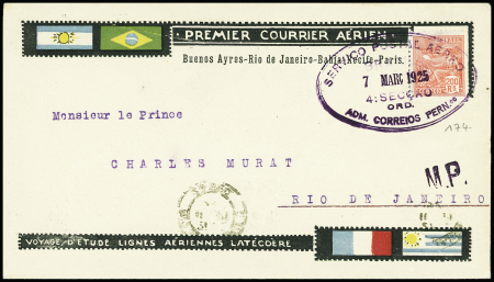 Brésil n°174 obl grand CAD ovale violet de Pernambouc (7 mars 25) sur env illustrée pour Rio de Janeiro + 2 photos de l'avion Bréguet 14 ayant capoté sur la plage de Boa Viagem. TB