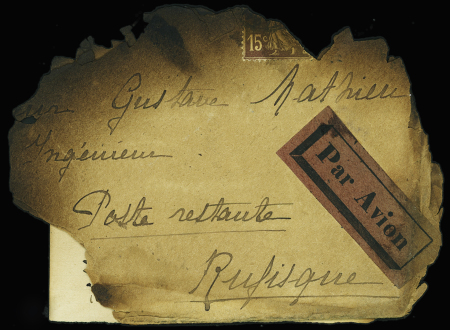 N°189 sur env très brûlée pour Rufisque + env de réexpédition PTT du Maroc avec CAD de Casablanca(10.2.26) + mention manuscrite "avion incendié le 5.2.26" (accident du Breguet 14 Toulouse - Casablanca piloté par Félix (N