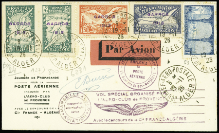 Algérie n°53 obl CAD "Journée aéro-postale Alger" (19.11.26) sur lettre, avec les 3 vignettes de l'aéro-club de Provence surchargées "Garros 1913" dont le 2F vert en paire tête-bêche + signature du pilote Burri.  Rare et