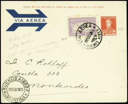 Argentine PA7 obl CAD "Via aerea Buenos Aires" (29.2.28) sur env entier postal n°281 pour Montevideo, arrivée 1 mars par Vachet (Muller n°31 Argentine). TB